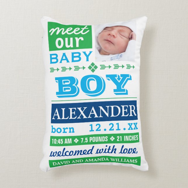 Modern Blue Green Baby Boy Photo Birth Stats Accent Pillow (Front(Vertical))
