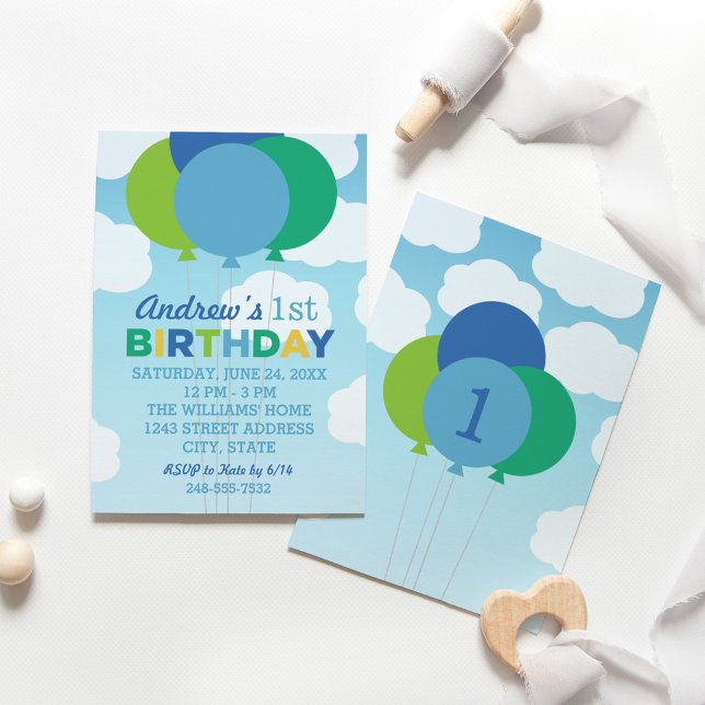 Modern Blue Green Balloons First Birthday Invitation (Creator Uploaded)