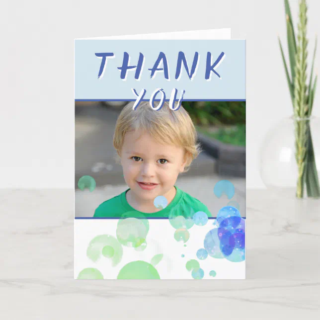 Modern Blue Green Bubbles Kids Photo Birthday Thank You Card | Zazzle