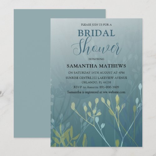 Modern Blue Green Foliage Bridal Shower Invitation
