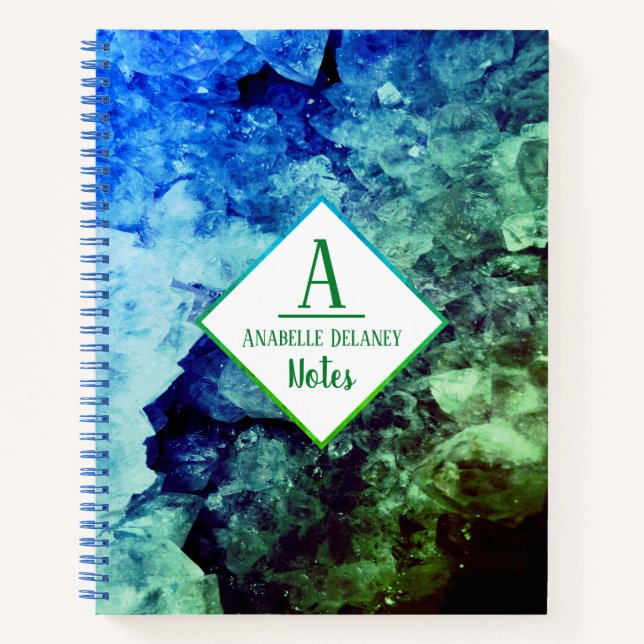 Modern Blue Green Geode Crystals Personalized Notebook (Front)