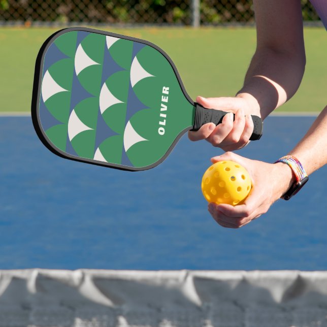 Modern blue green geometric retro personalized pickleball paddle (Insitu)