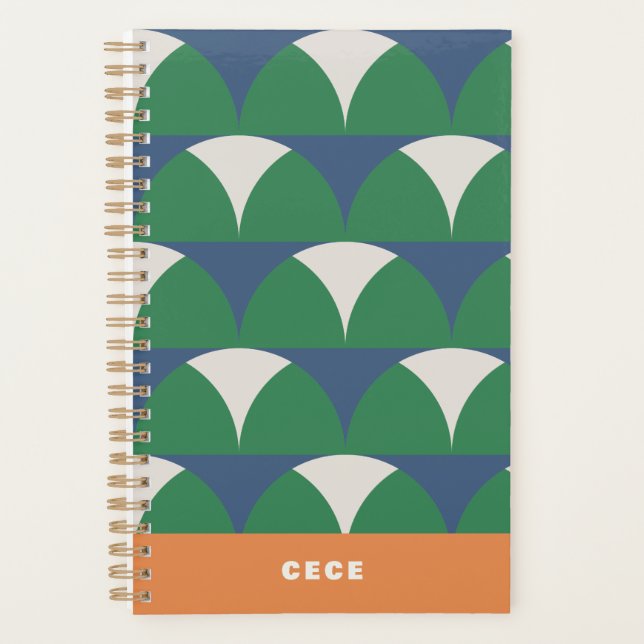 Modern blue green geometric retro personalized planner (Front)