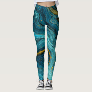 Modern Blue Green Gold Dust Marble Abstract Art Leggings