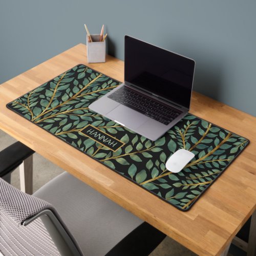 Modern Blue Green Gold Tropical Leaves Greenery Desk Mat