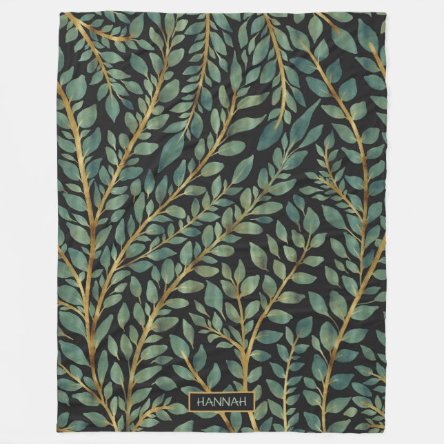 Modern Blue Green Gold Tropical Leaves Greenery Fleece Blanket (Front)