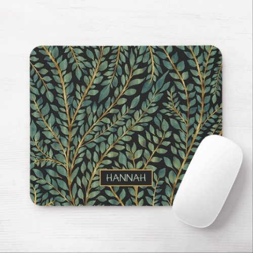 Modern Blue Green Gold Tropical Leaves Greenery Mouse Pad