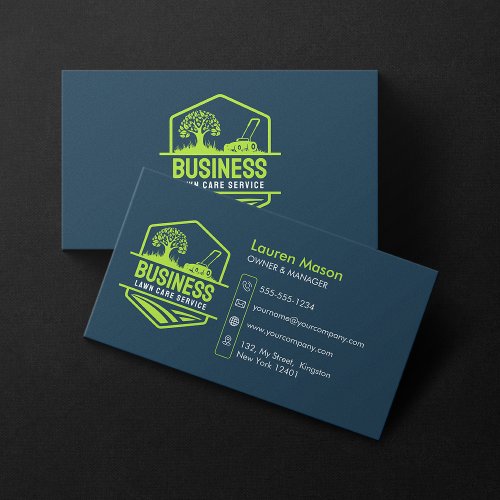Modern Blue Green Lawn Care Service Mow Landscape Business Card