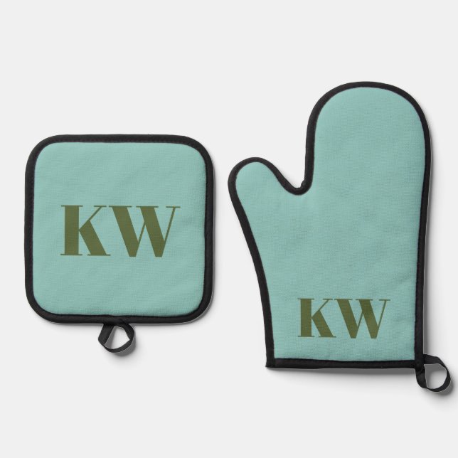 Modern Blue Green Monogram Initials Personalized  Oven Mitt & Pot Holder Set (Front)