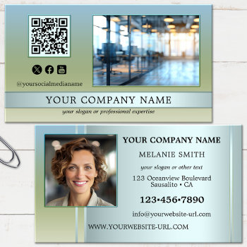 Modern Blue Green Office Photo  Business Card by sunnysites at Zazzle