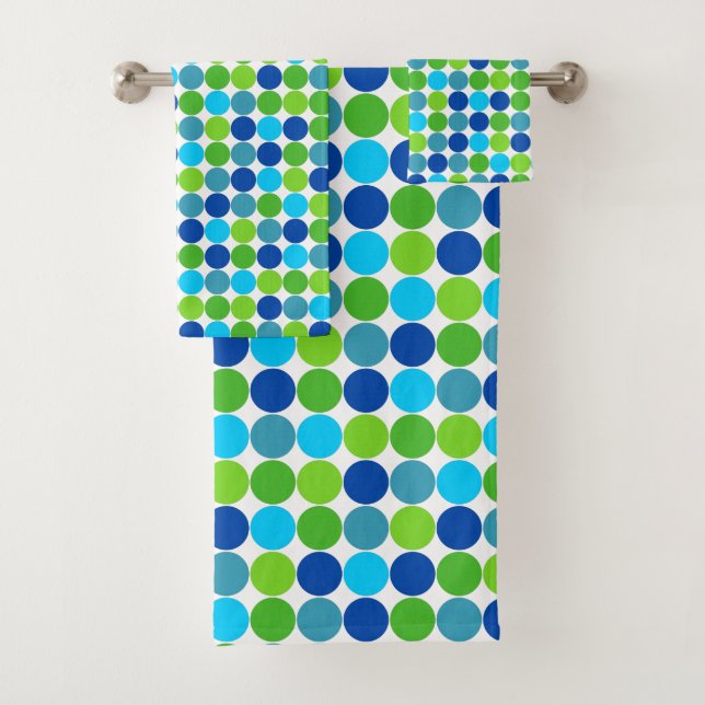 Modern Blue Green Polka-Dot Pattern Bath Towel Set (Insitu)