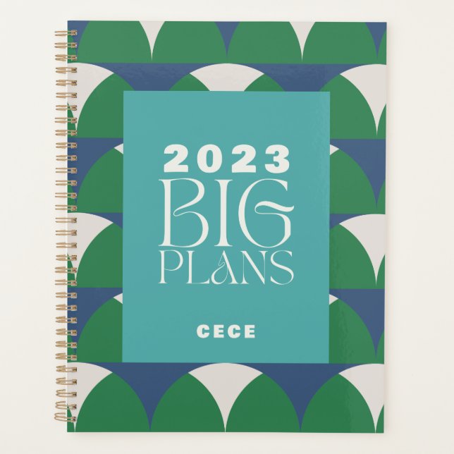 Modern blue green retro geometric big plans planner (Front)