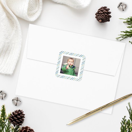 Modern Blue Green Stripes Holiday Photo Square Sticker