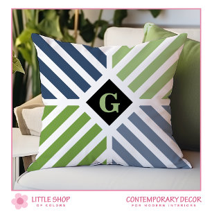 Modern Blue Green Stripes Monogram Initial Throw Pillow