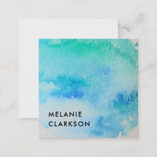 Modern blue green teal watercolor splatter splash square business card