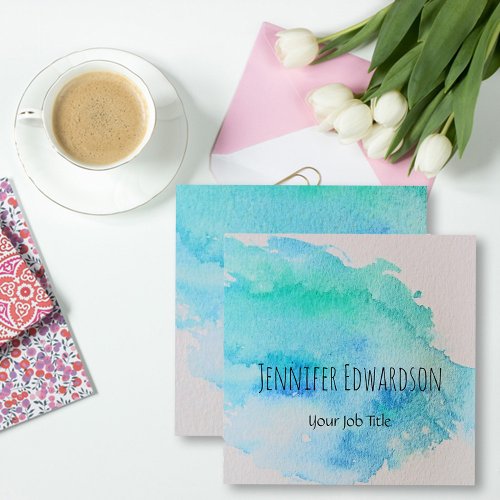 Modern blue green teal watercolor splatter square business card