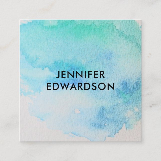 Modern blue green teal watercolor splatter square business card (Front)