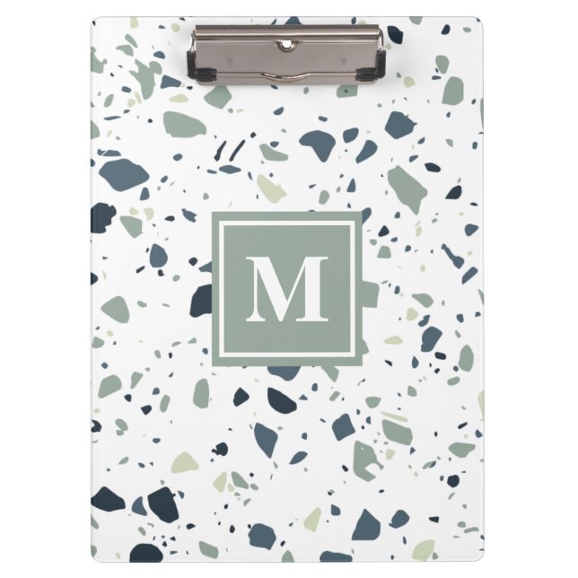 Modern Blue Green Terrazzo Marble Monogram Clipboard (Front)