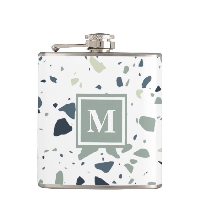 Modern Blue Green Terrazzo Marble Monogram Flask (Front)