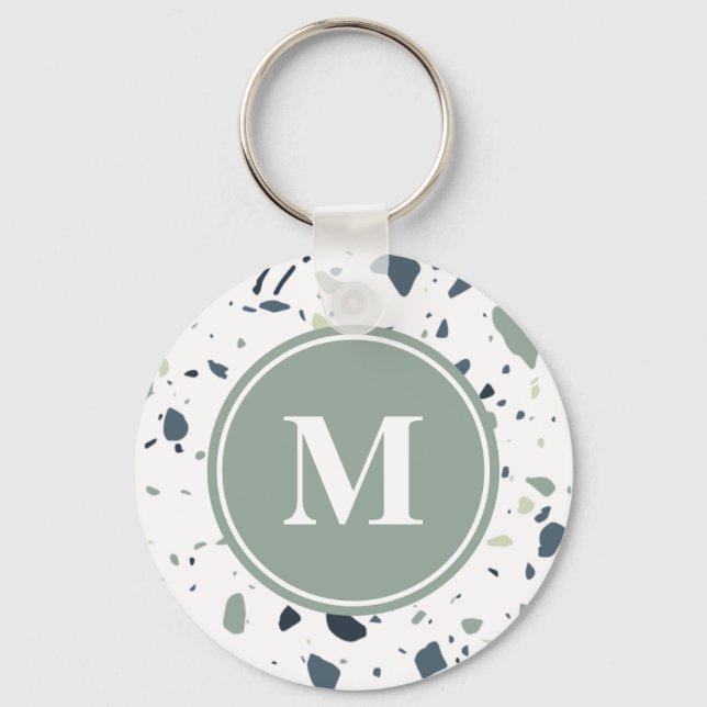 Modern Blue Green Terrazzo Marble Monogram Keychain (Front)