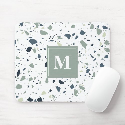 Modern Blue Green Terrazzo Marble Monogram Mouse Pad