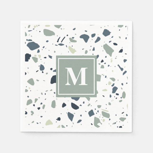 Modern Blue Green Terrazzo Marble Monogram Napkins (Front)