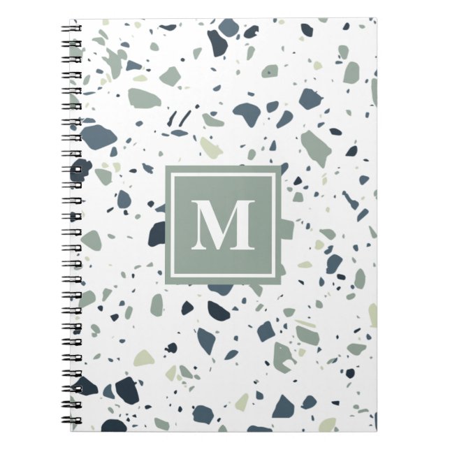 Modern Blue Green Terrazzo Marble Monogram Notebook (Front)