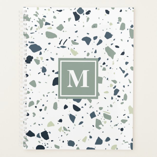 Modern Blue Green Terrazzo Marble Monogram Planner (Front)