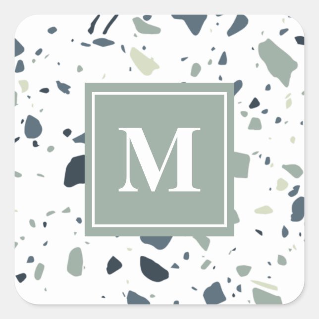 Modern Blue Green Terrazzo Marble Monogram Square Sticker (Front)