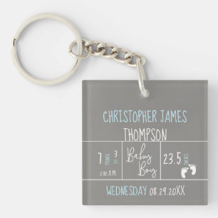 Modern Blue Grey Baby Boy photo Birth Announcement Keychain