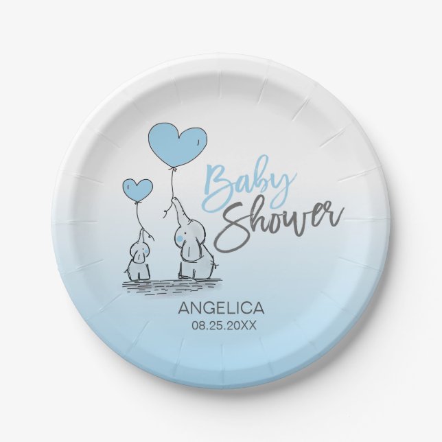 Modern Blue Grey Blue Elephant BOY Baby Shower Paper Plates (Front)