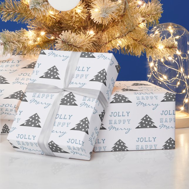 Modern Blue Grey Christmas Tree Pattern Holiday Wrapping Paper (Holidays)