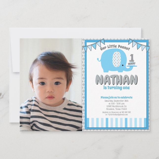 Modern Blue Grey Elephant First Birthday Photo Invitation (Front)