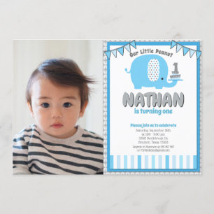 Modern Blue Grey Elephant First Birthday Photo Invitation