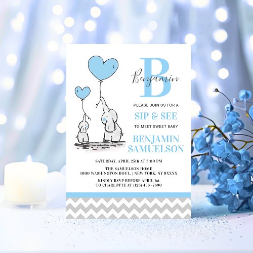 Modern Blue Grey Elephant SIP  SEE Baby Boy Invitation