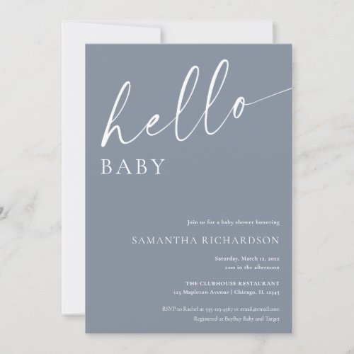 Modern blue grey hello baby boy baby shower invitation