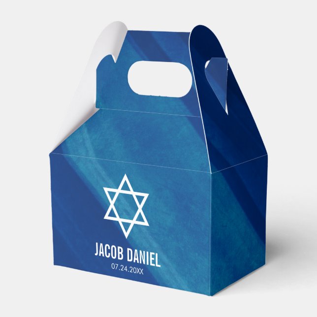 Modern Blue Grunge Bar Mitzvah Personalized Favor Boxes (Front Side)