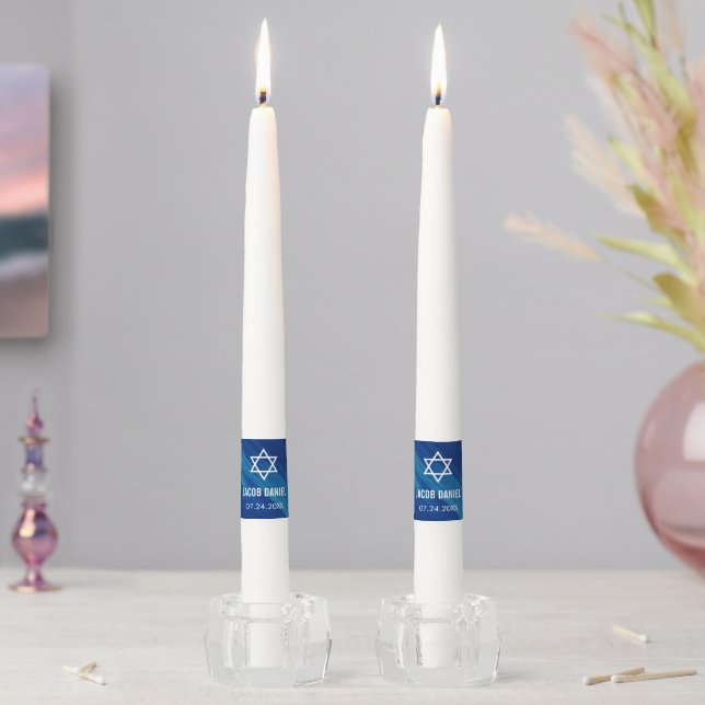 Modern Blue Grunge Bar Mitzvah Personalized Taper Candle (In Situ)