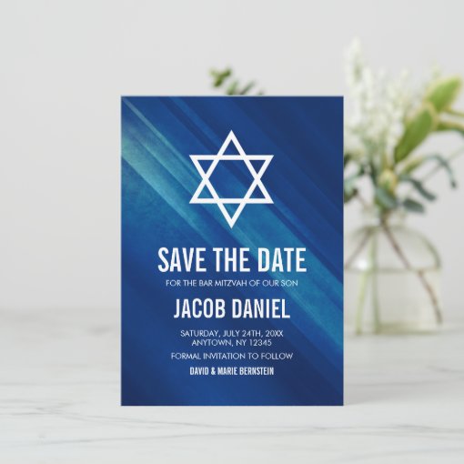 Modern Blue Grunge Bar Mitzvah Save The Date | Zazzle