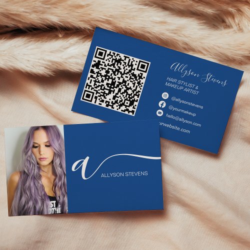 Modern blue hair makeup photo initial qr code business card