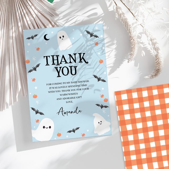 Modern Blue Halloween Little Boo Baby Shower Thank You Card (Halloween Baby Shower Thank You Card Boy, Ghosts, Little Boo Thank You Card, Baby Blue Halloween)