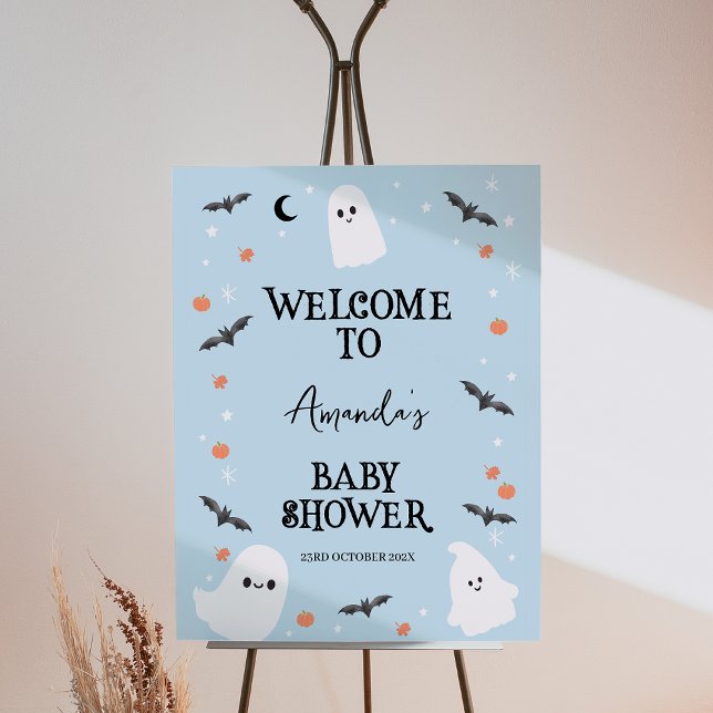 Modern Blue Halloween Welcome Baby Shower Sign (Blue Little Boo Baby Shower Welcome Sign, Halloween Baby Shower Welcome, Ghosts Baby Shower Welcome)
