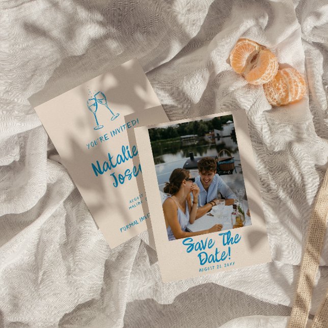 Modern Blue Hand Drawn Bright Retro Photo Wedding Save The Date (Creator Uploaded)