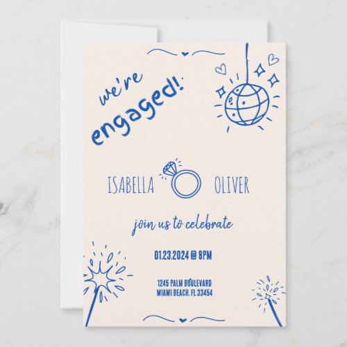 Modern Blue Hand Drawn Engagement Party Invitation