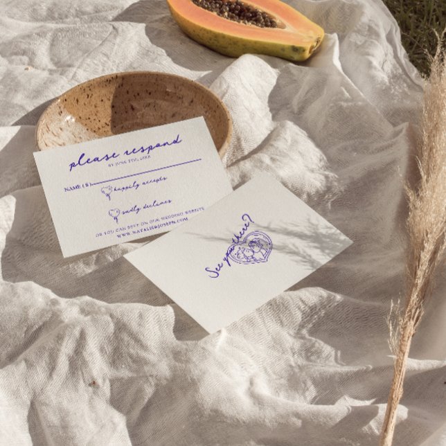 Modern Blue Hand Drawn Retro Fun Funky Wedding RSVP Card (Creator Uploaded)