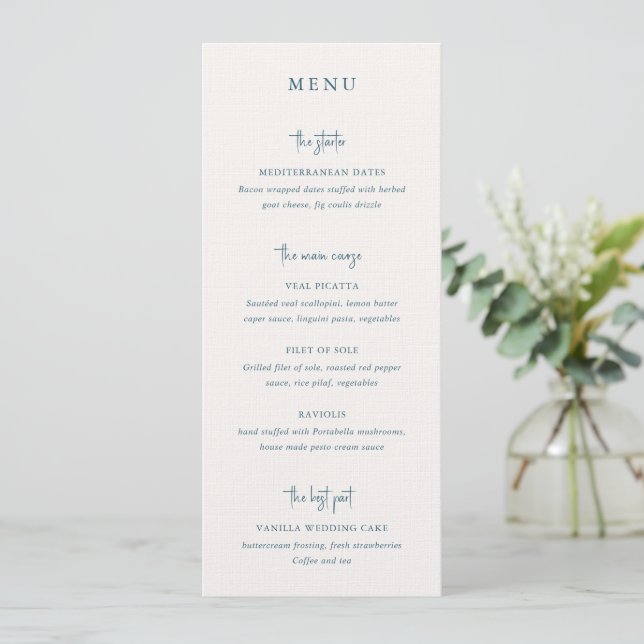 Modern Blue Handwritten Script Elegant Wedding Menu (Standing Front)