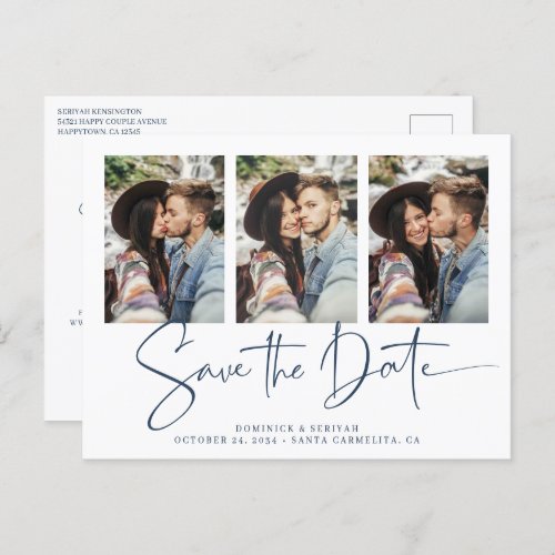 Modern Blue Handwritten Wedding Save the Date Postcard