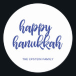 Modern Blue Happy Hanukkah Holiday Classic Round Sticker<br><div class="desc">Modern holiday sticker featuring a simple yet elegant design with "Happy Hanukkah" in bold navy blue typography over white. These stickers are great as envelope seals for your Hanukkah cards or as gift labels. Coordinating items available in the complete collection. If you need assistance finding it, feel free to send...</div>