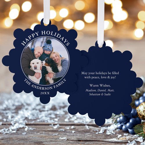 Modern Blue Happy Holidays Photo Ornament Card