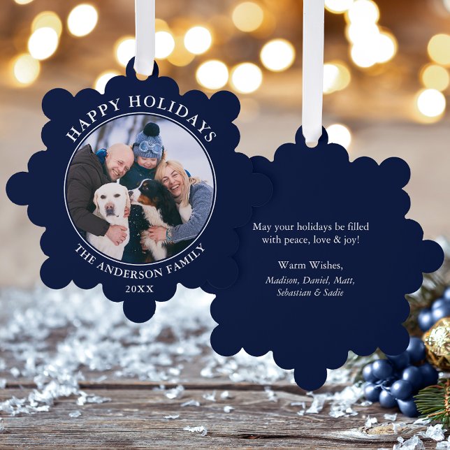 Modern Blue Happy Holidays Photo Ornament Card (A greeting card that is also an ornament! Customize with your photo and personalized text.)